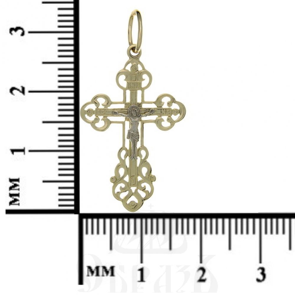 золотой крест трилистник с молитвой "спаси и сохрани", 585 проба желтого и белого цвета (арт. п10023-з5жб)