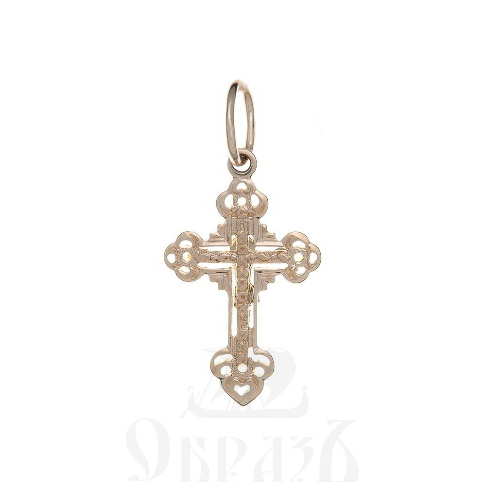 золотой крест трилистник с молитвой "спаси и сохрани", 585 проба красного и белого цвета (арт. п20079-з5кб)
